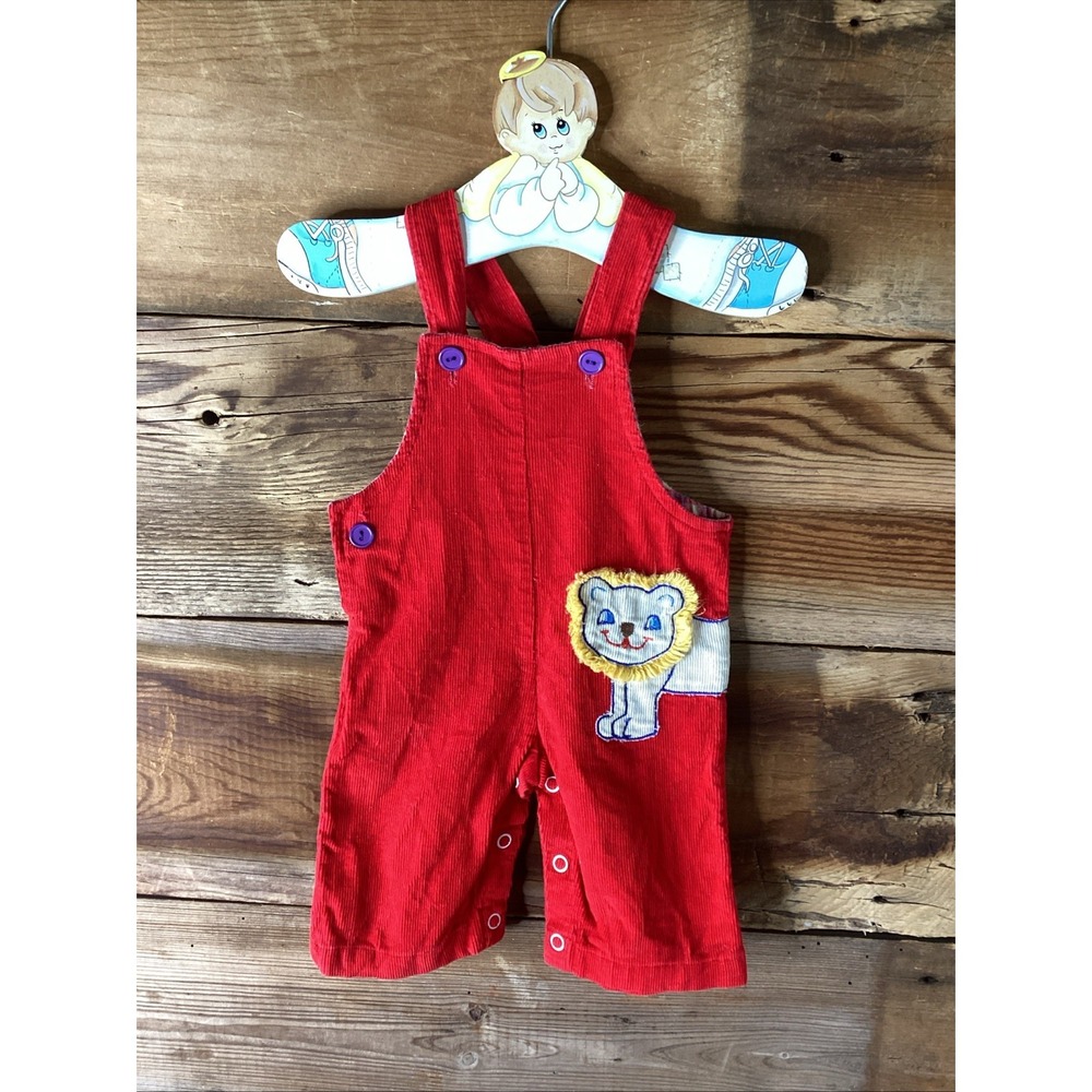 Vtg Infant Red Corduroy Overalls Applique Lion No Tags Handmade